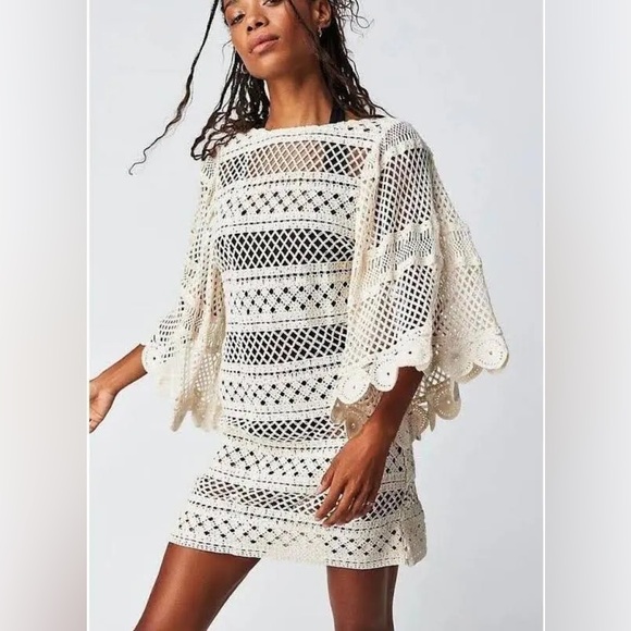 Free People x Jen’s Pirate Booty Zen Crochet Boho Ivory Mini Dress Size XS/S - Picture 2 of 10